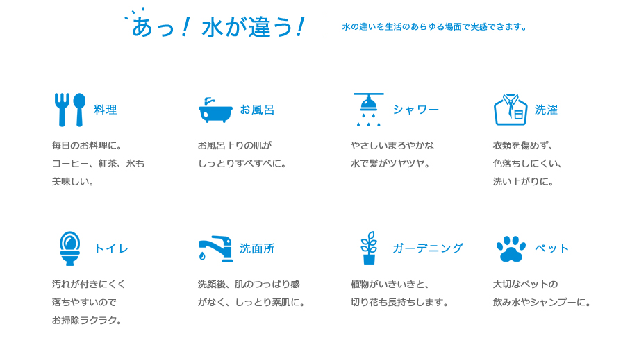 あっ!お水が違う!水の違いを生活のあらゆる場面で実感できます。料理:毎日のお料理に。コーヒー、紅茶、氷も美味しい。 お風呂:お風呂上りの肌がしっとりすべすべに。 シャワー:やさしいまろやかな水で髪がツヤツヤ。 洗濯:衣類を傷めず、色落ちしにくい、洗い上がりに。 トイレ;汚れが付きにくく落ちやすいのでお掃除ラクラク。 洗面所:洗顔後、肌のつっぱり感がなく、しっとり素肌に。 ガーデニング:植物がいきいきと、切り花も長持ちします。 ペット:大切なペットの飲み水やシャンプーに。
